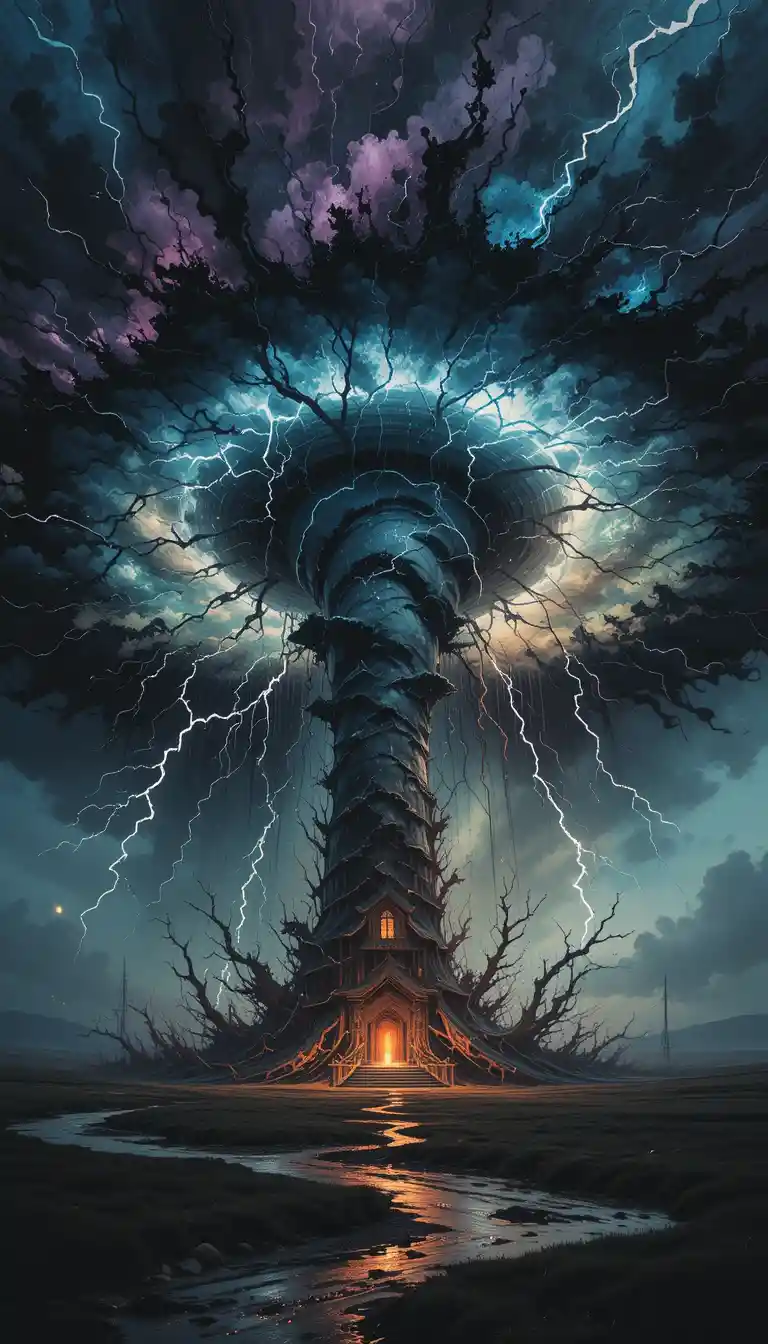 Surreal fine art tornado with abstract lightning sky