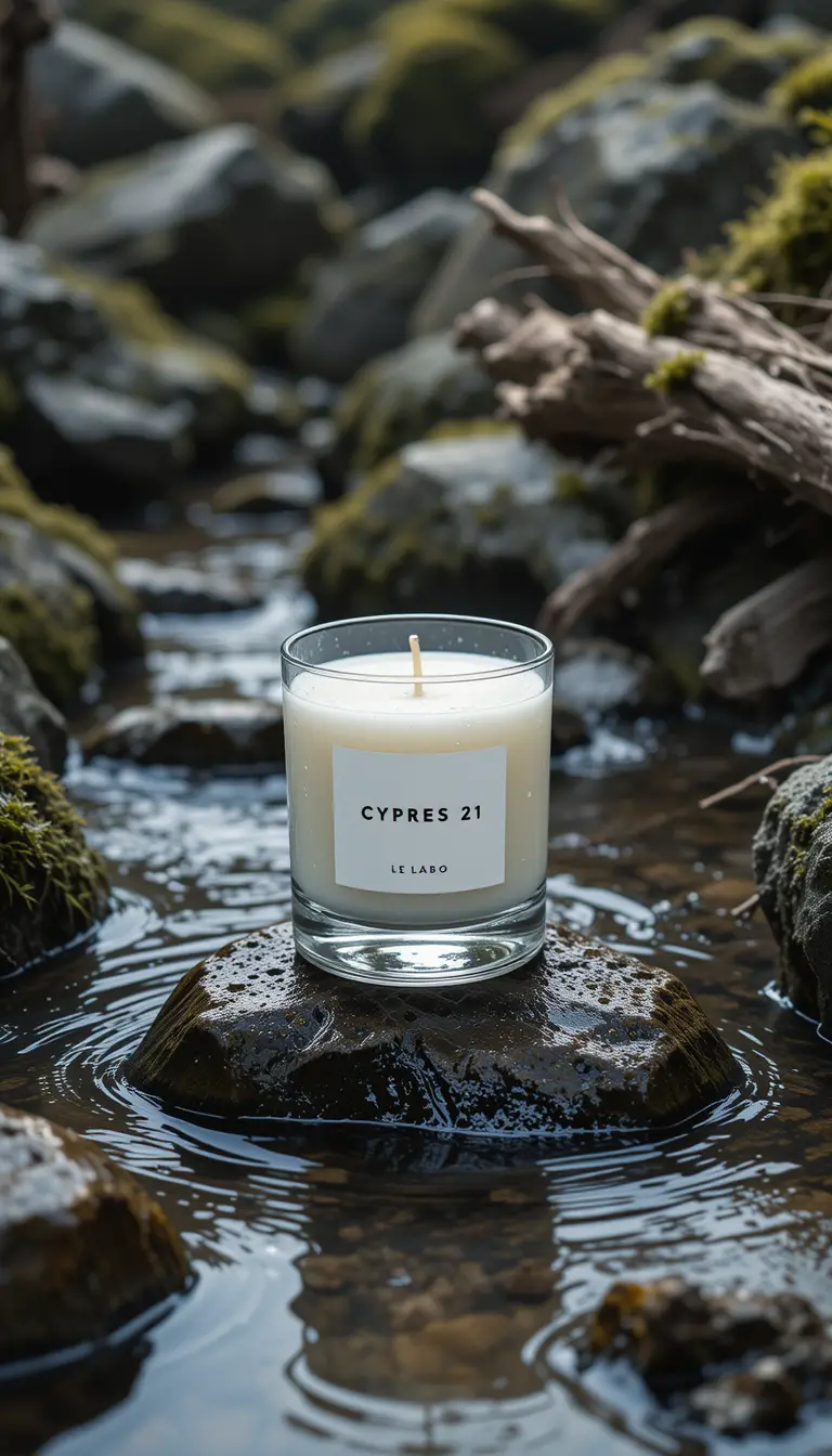 Scented candle on mossy rocks in a clear flowing stream