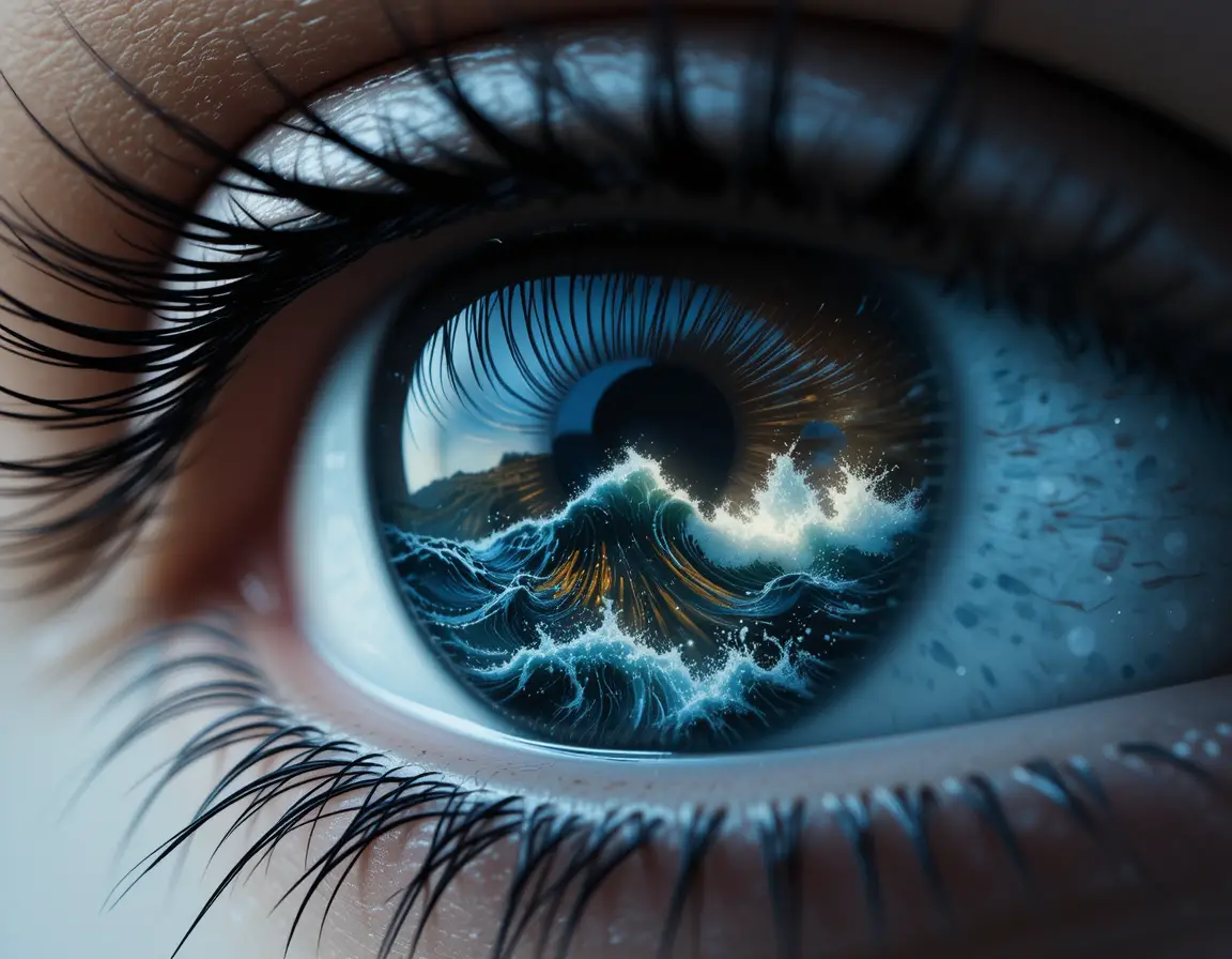 Surreal close up human eye with stormy ocean inside