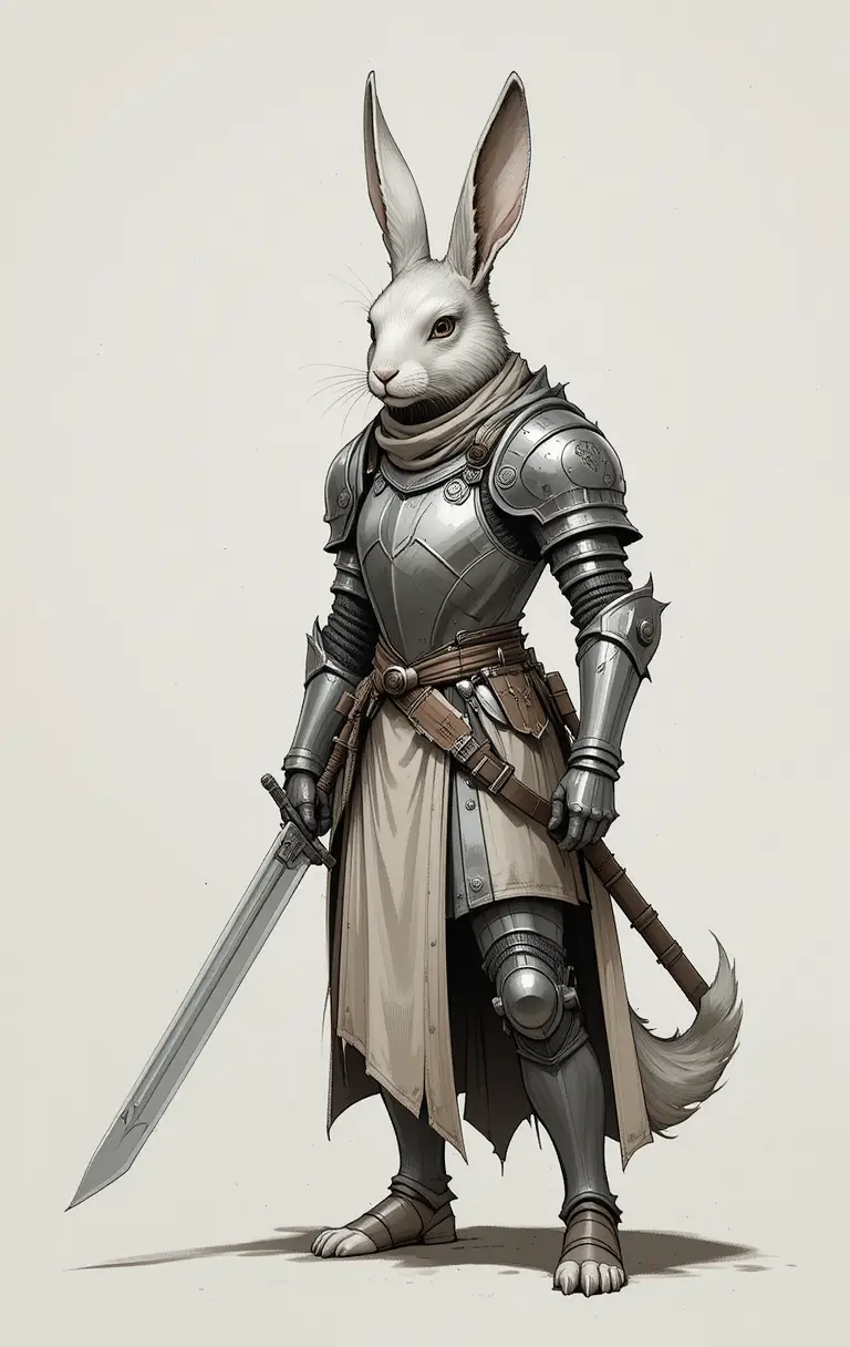 Noble rabbit knight in worn plate armor with swords