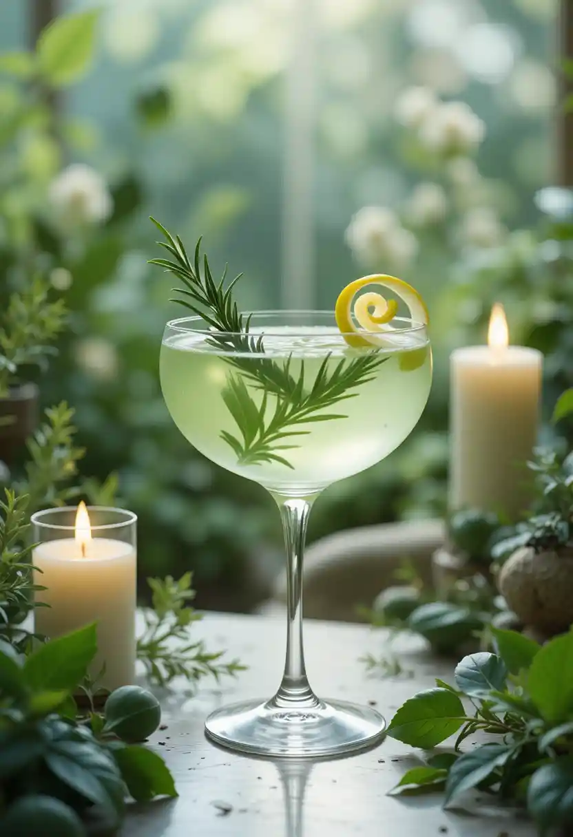 Elegante cocktail di gin botanico verde alla luce del giardino