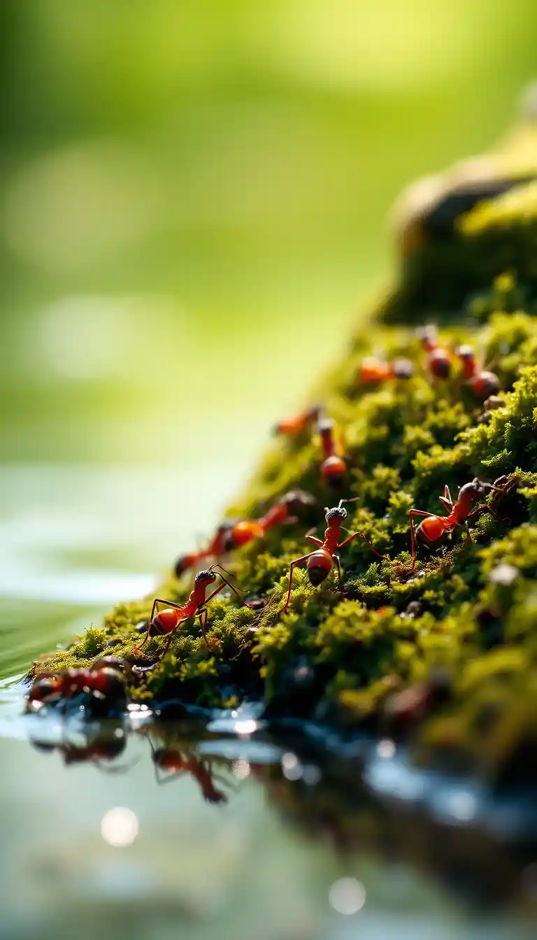 Makro-Ameisen erkunden Moos am spiegelnden Wasser