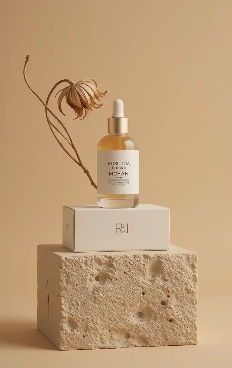 Minimalist skincare bottle still life on textured block