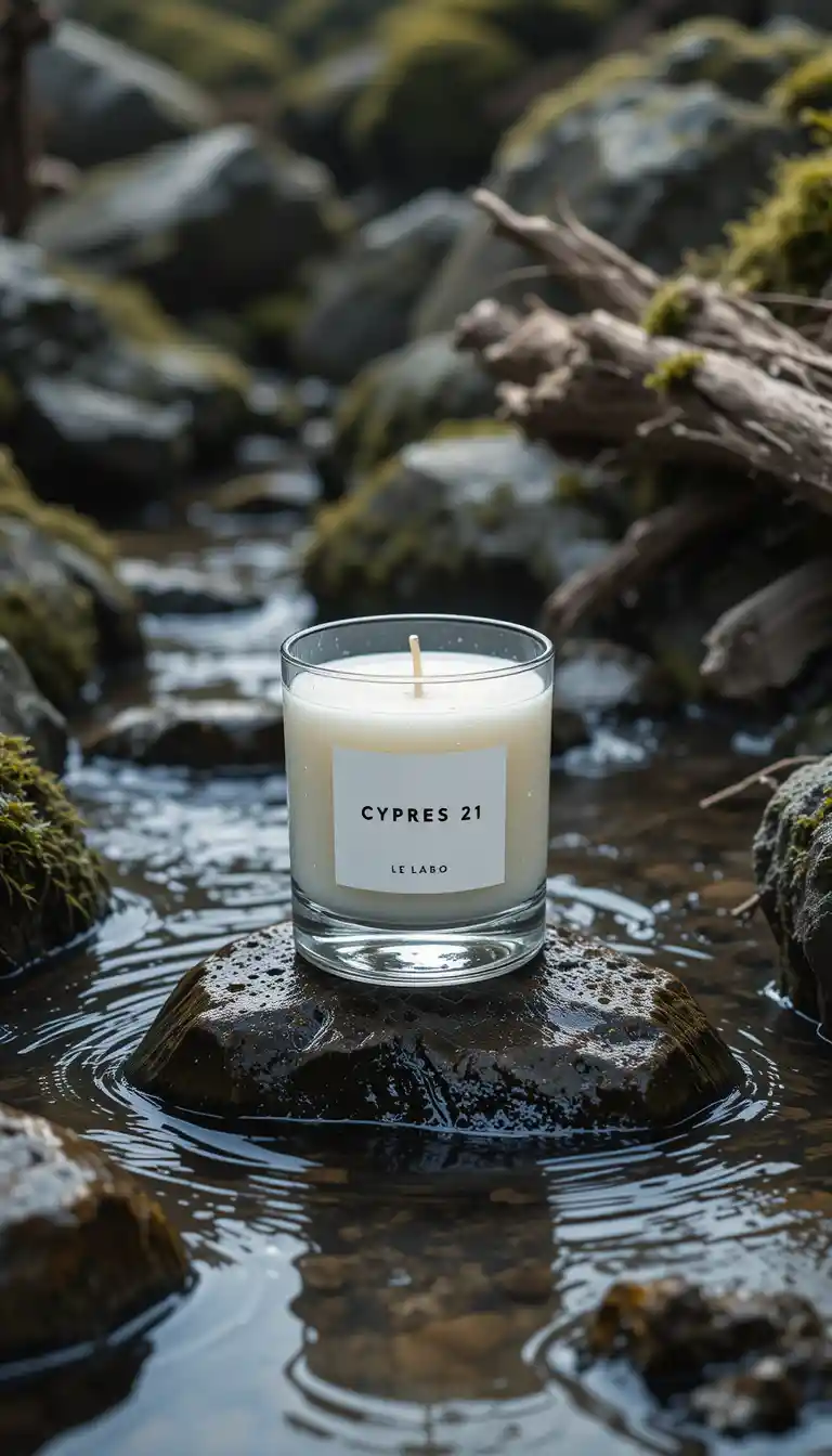 Scented candle on mossy rocks in a clear flowing stream