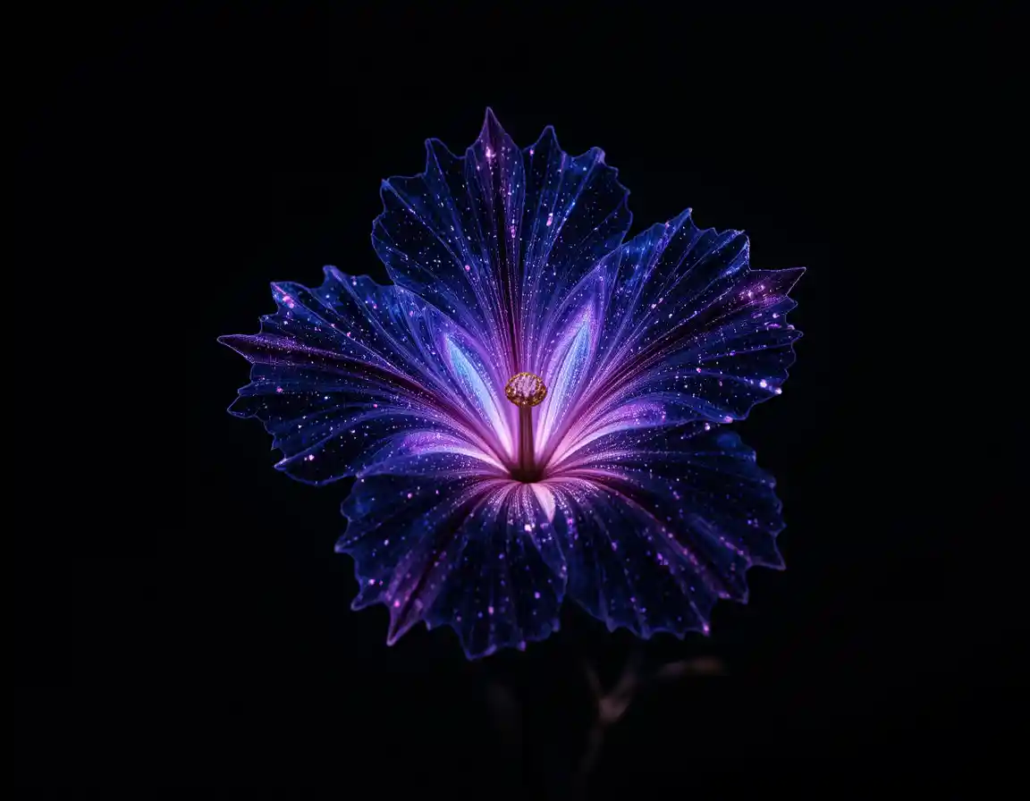 Glowing Crystal Flower On Black Background In Blue And Violet