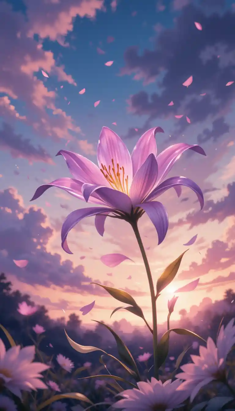Anime lily blooming in a dreamy spring twilight scene