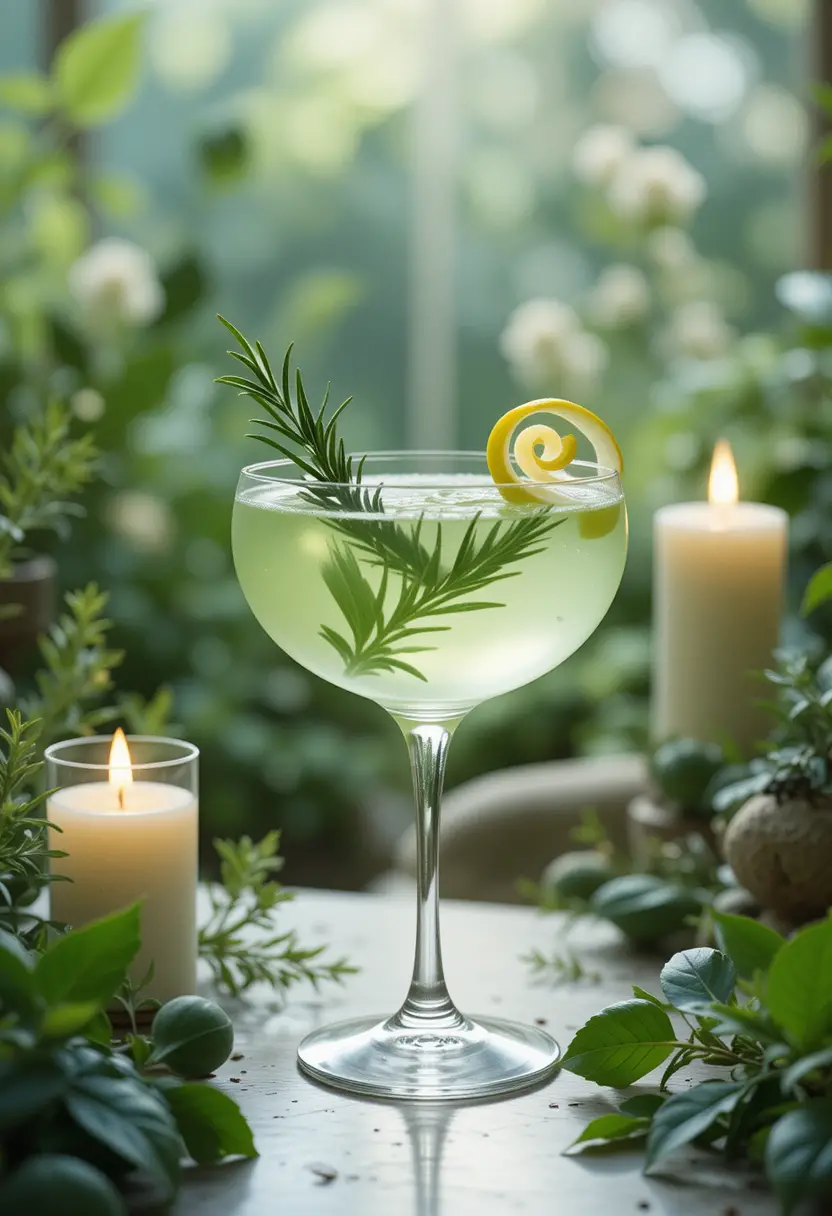 Elegant Green Botanical Gin Cocktail In Garden Light