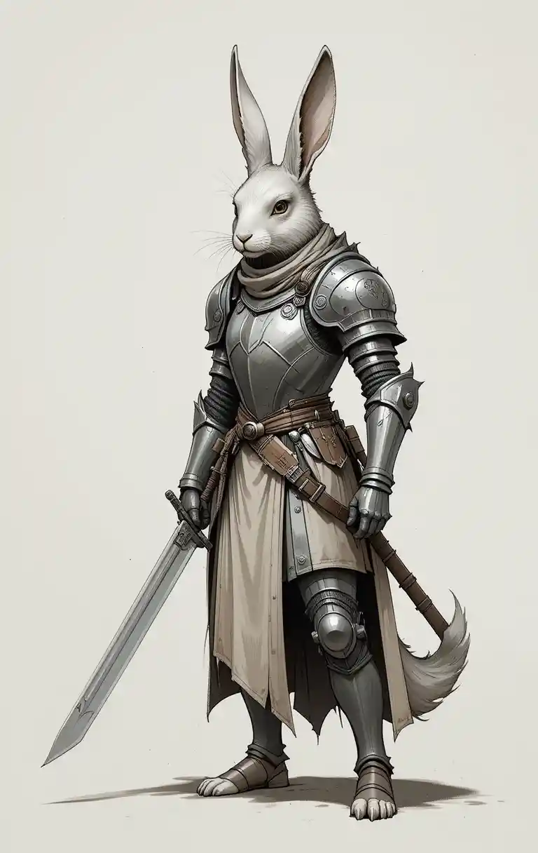 Noble rabbit knight in worn plate armor with swords