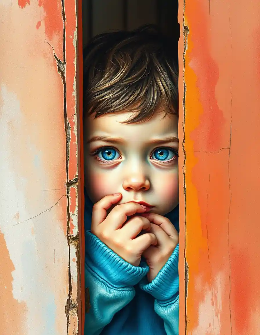 Shy blue eyed child peeking through a colorful wooden door