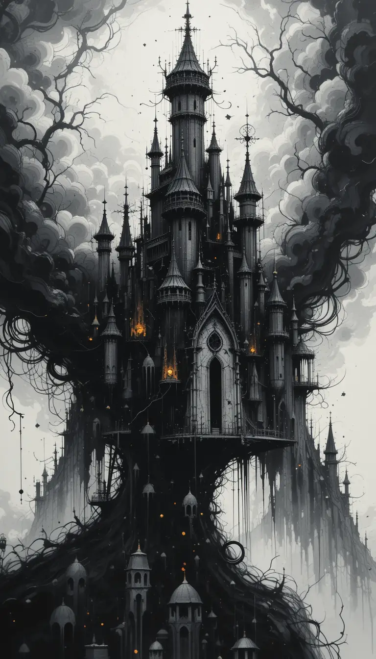 Abstract castle scene with mysterious colorful ink illusion