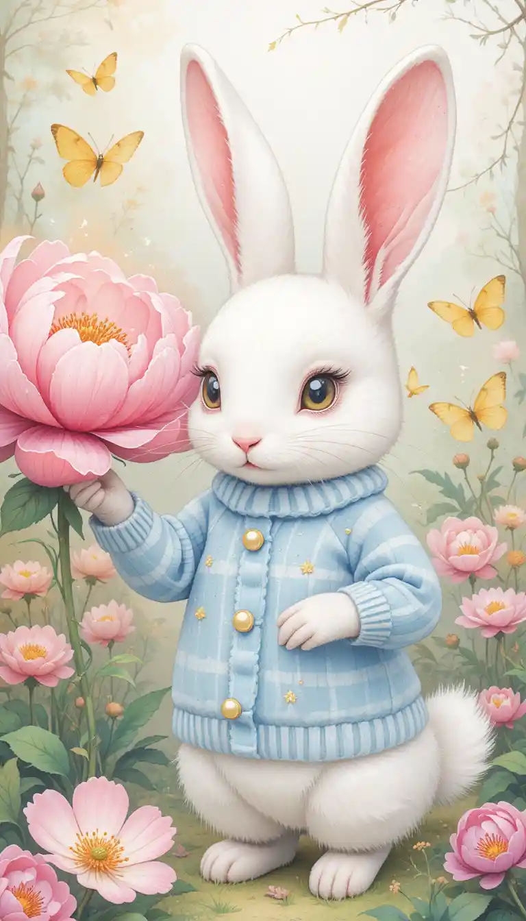 Cute white rabbit in sweater in a blooming garden