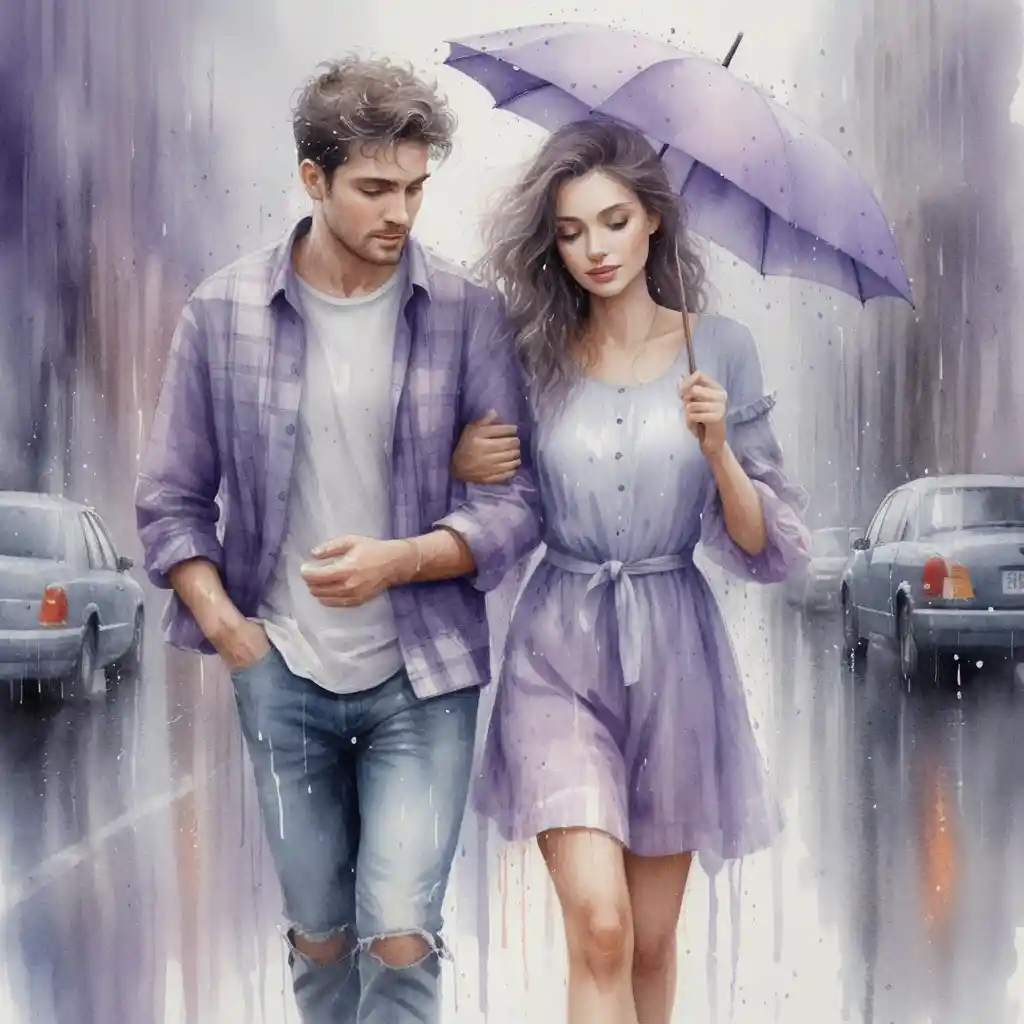 Romantic couple walking under the rain in the city