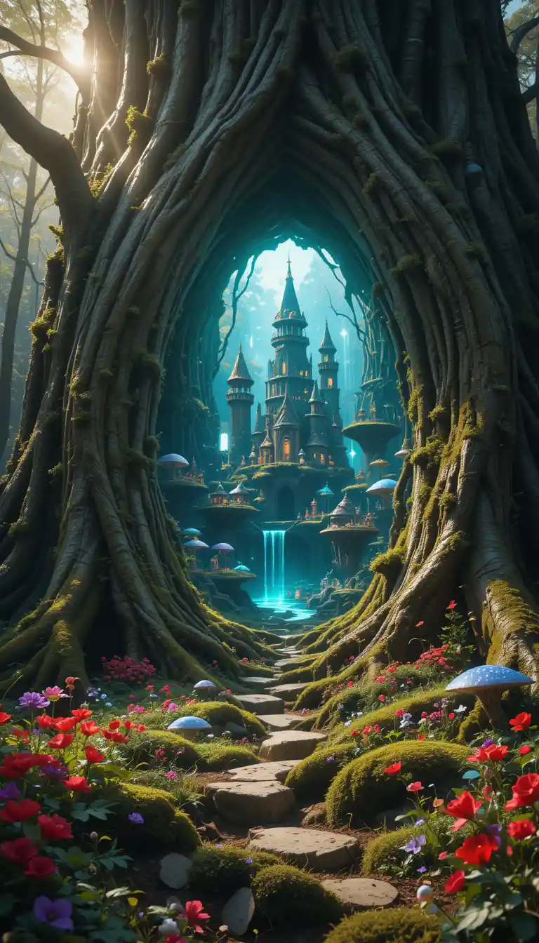 Ancient portal tree opening into a mystical city