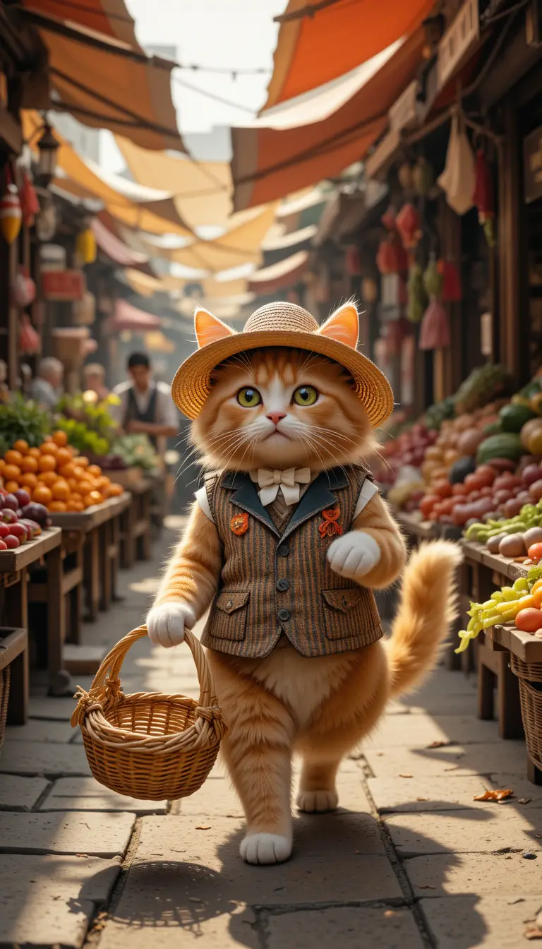 Orange Cat In Vest Exploring A Colorful Bazaar