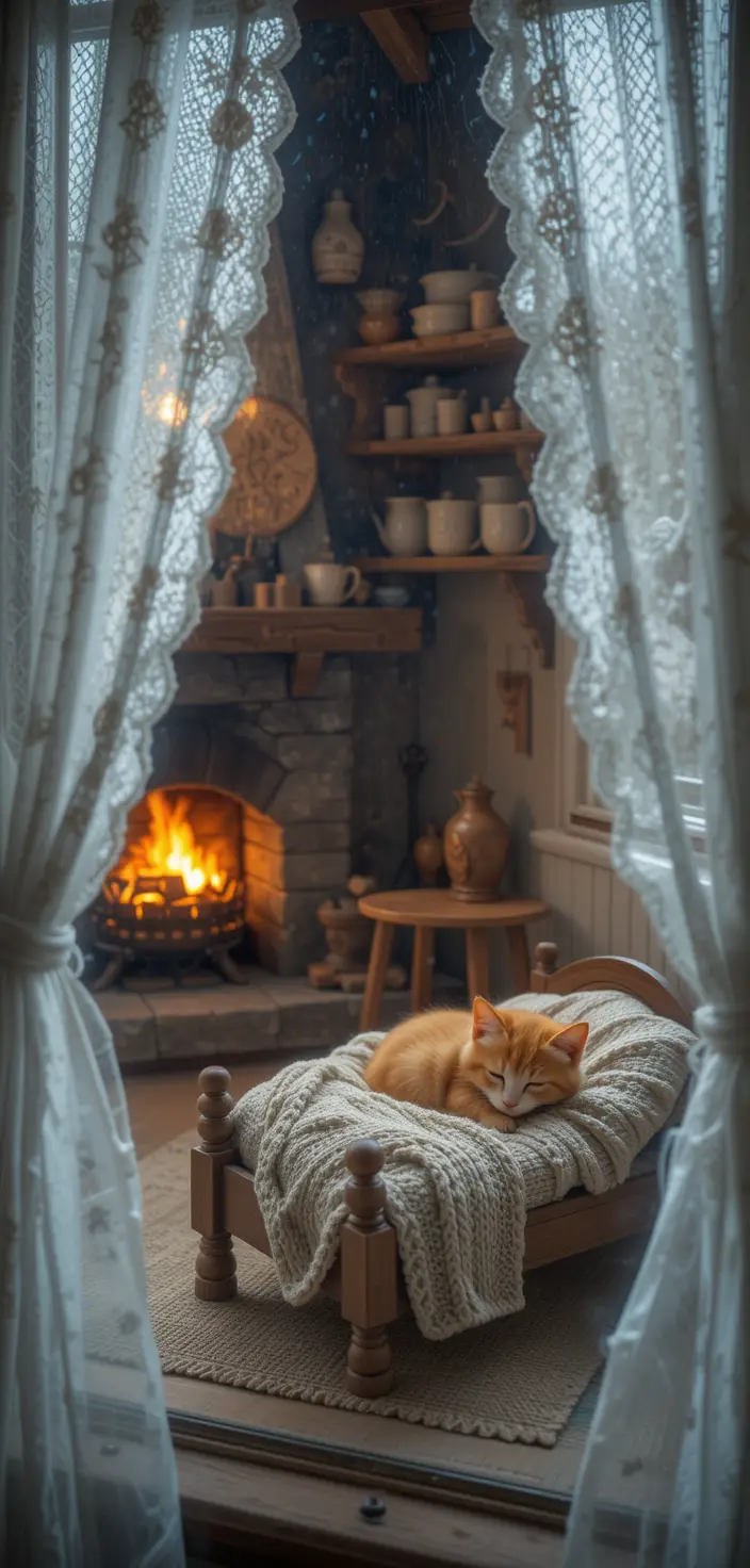 Sleeping kitten on a tiny bed in a warm rustic room
