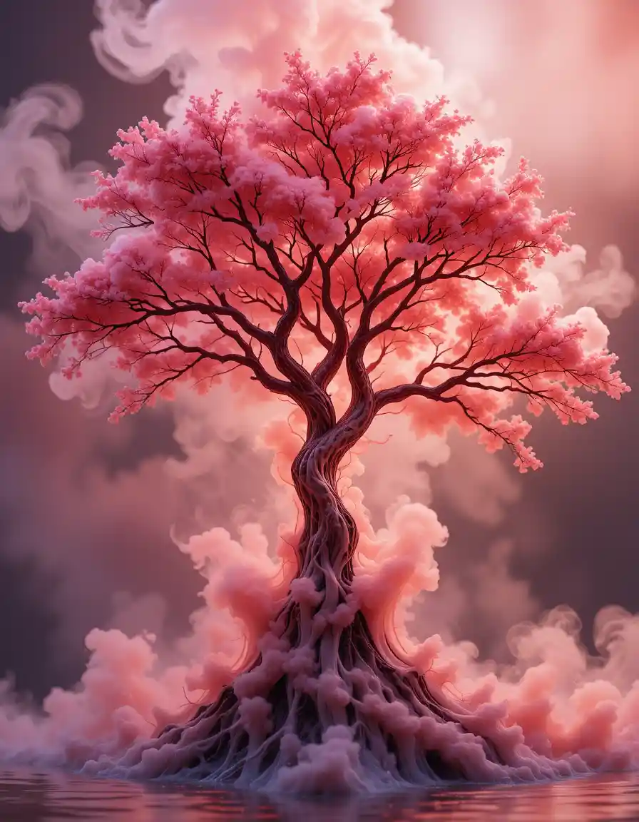 Abstract tree formed from red steam and water