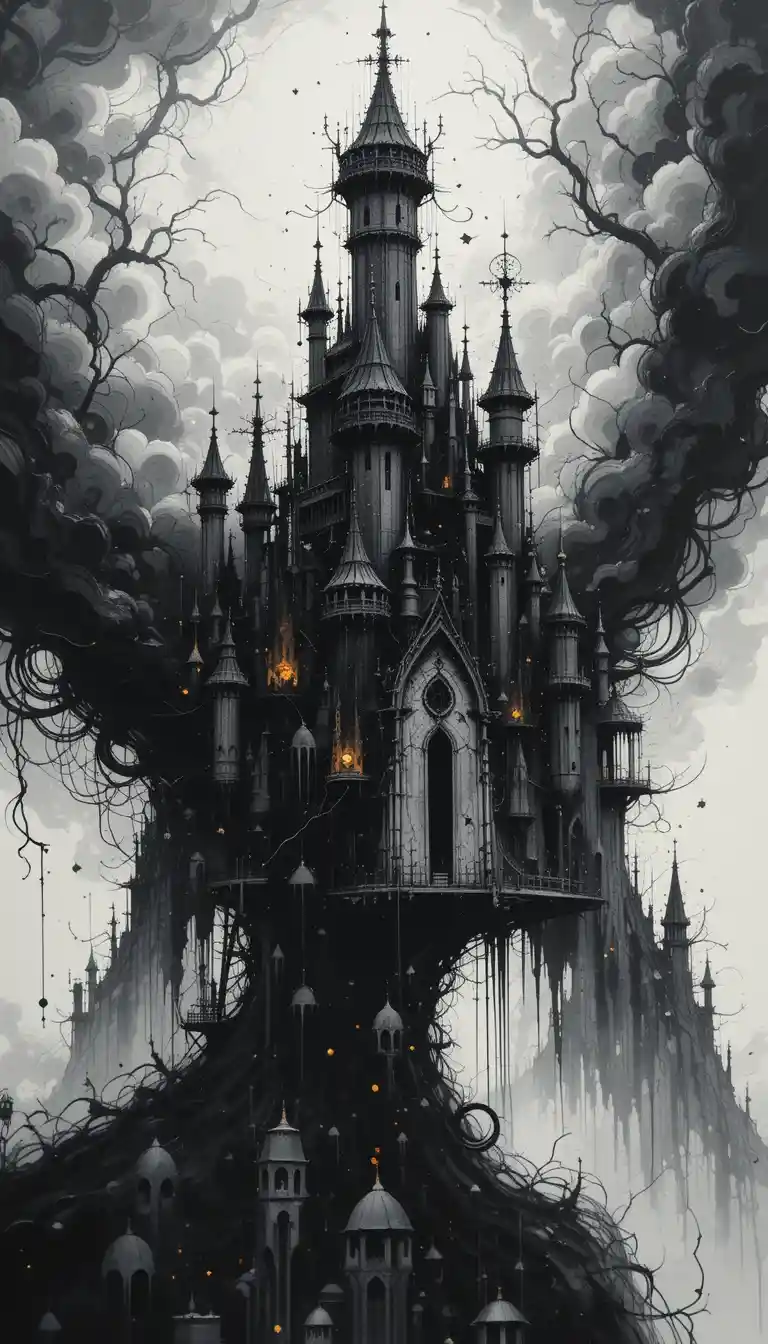 Abstract castle scene with mysterious colorful ink illusion