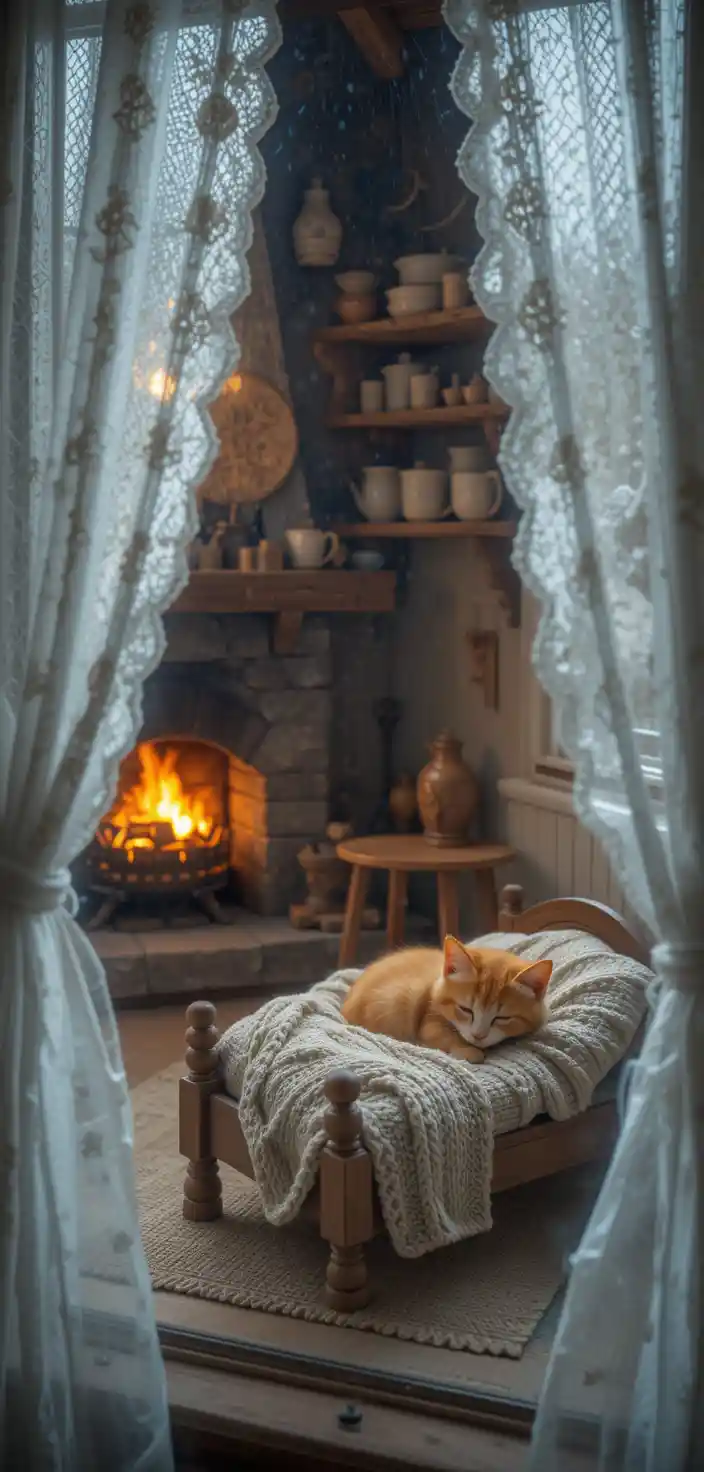 Sleeping kitten on a tiny bed in a warm rustic room