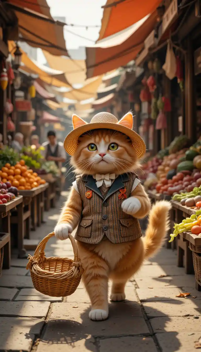 Orange Cat In Vest Exploring A Colorful Bazaar
