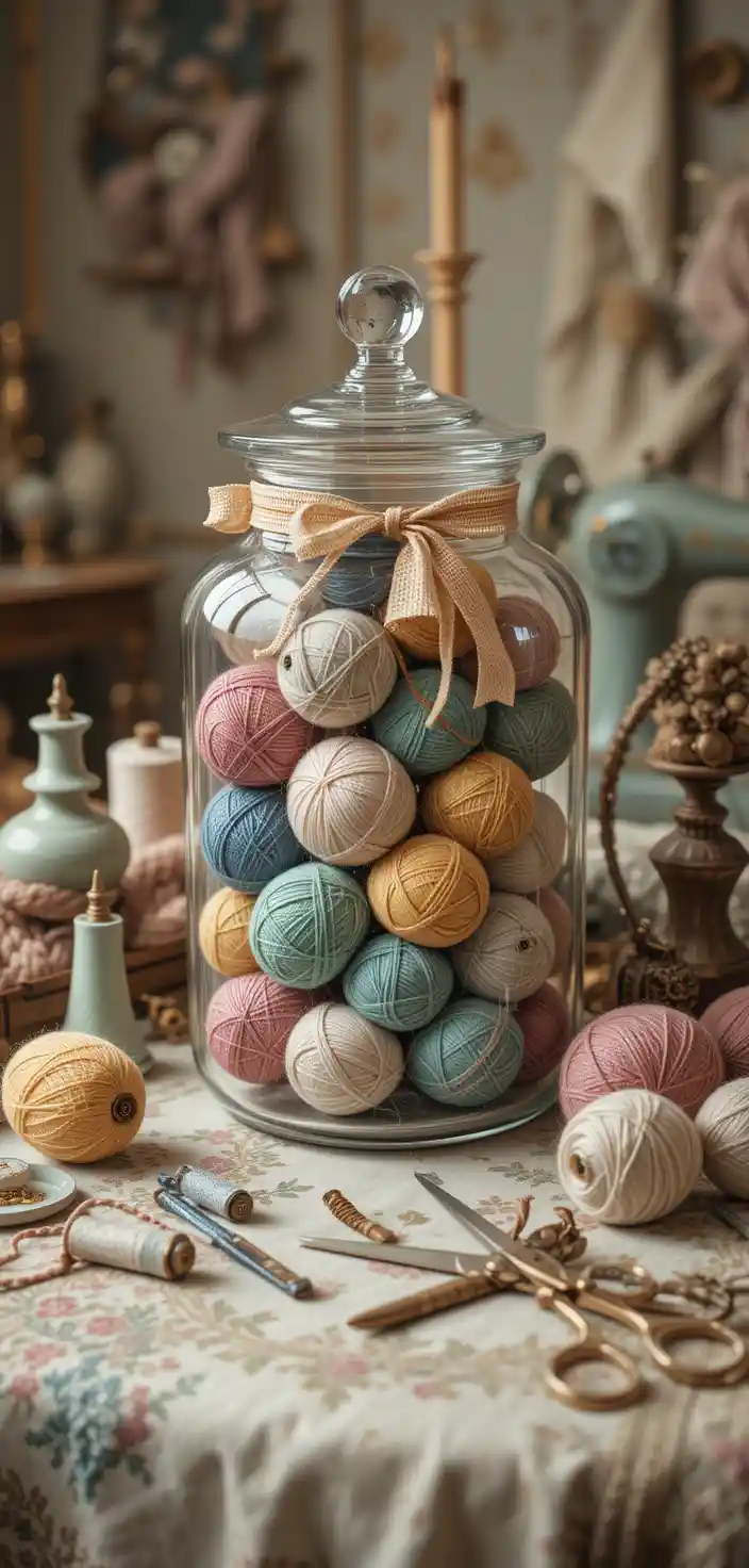Glass jar of colorful yarn in a vintage sewing room