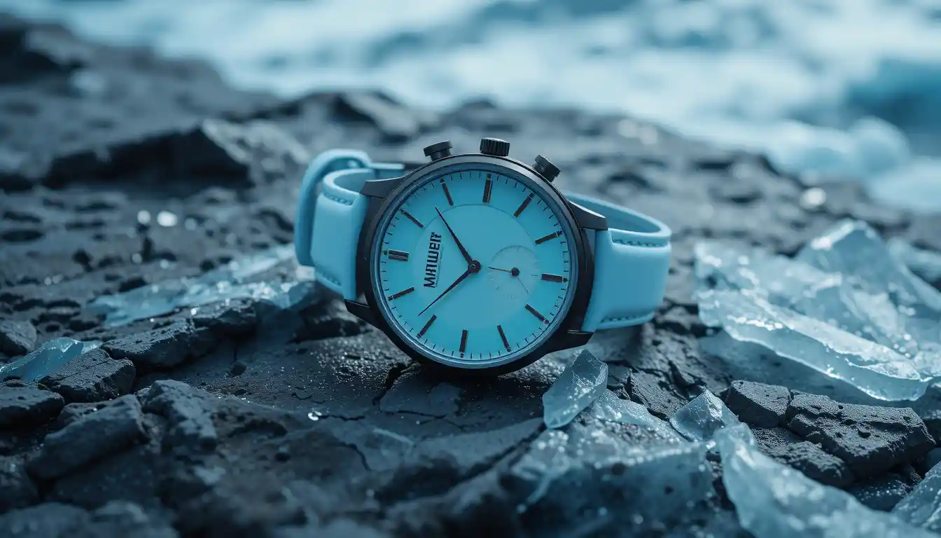 Modern blue wristwatch on rugged dark ice surface