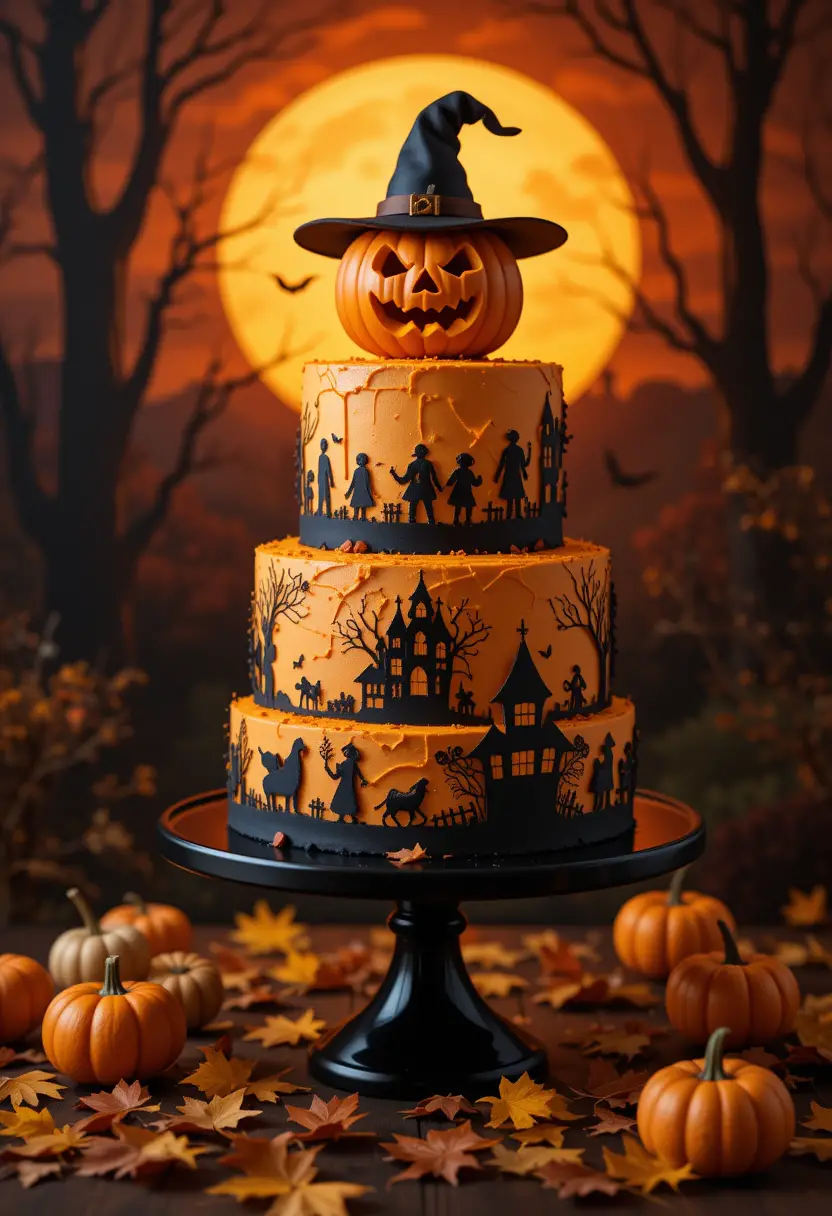 Three tier halloween cake with pumpkin and autumn details