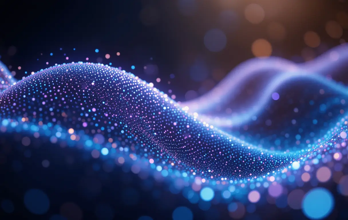 Abstract glowing particle waves on dark desktop wallpaper