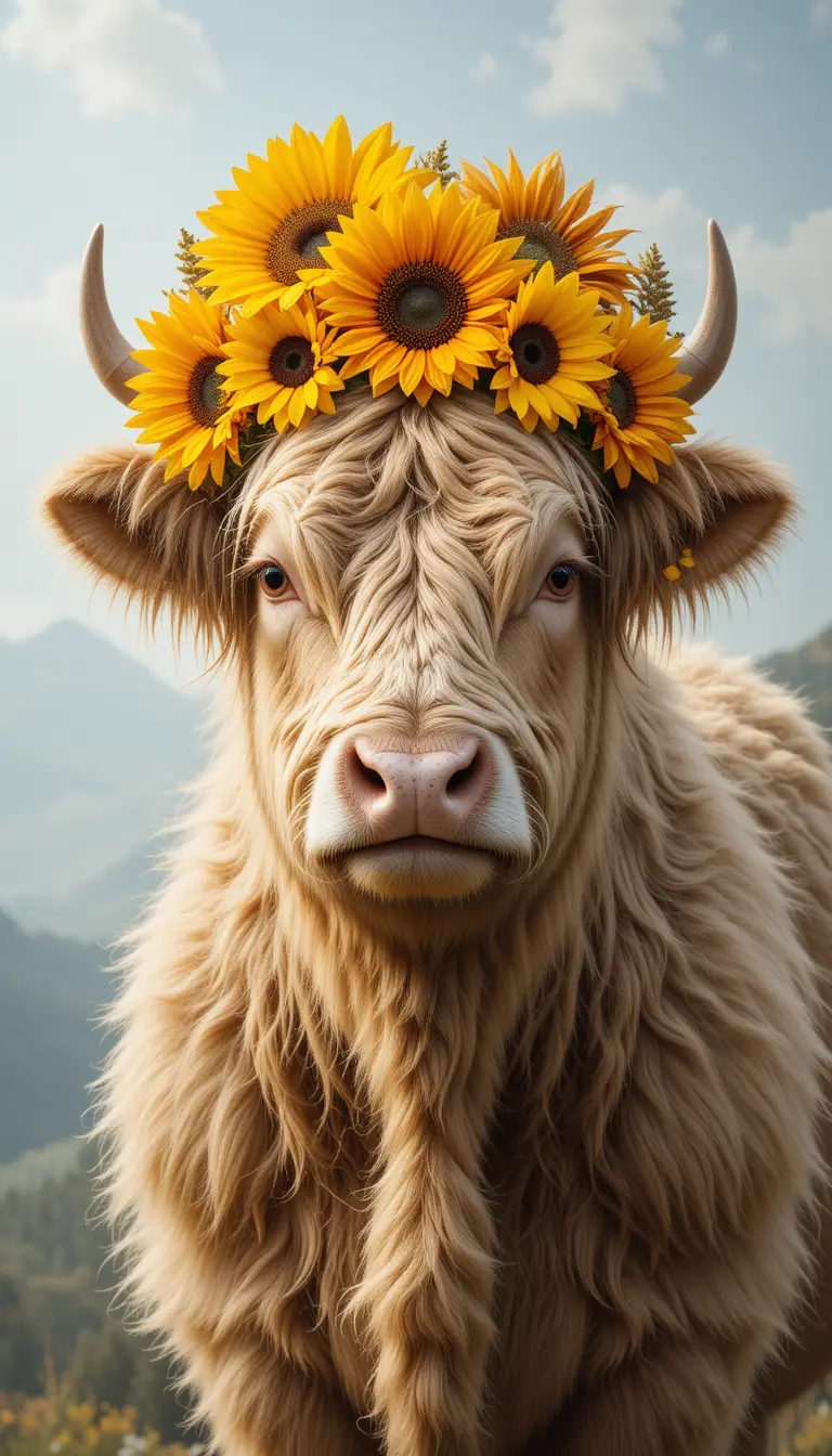 Fluffy highland cow with sunflower headpiece digital art