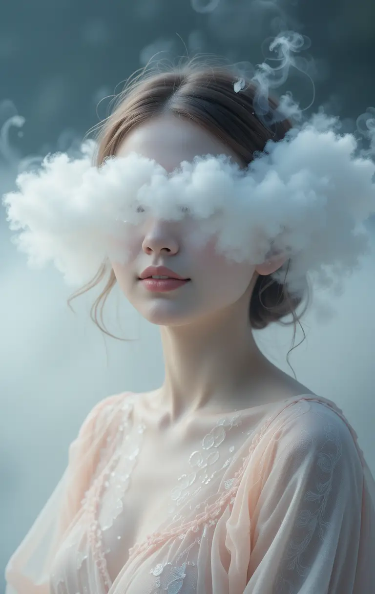Ethereal cloud woman with soft pastel colors and smile