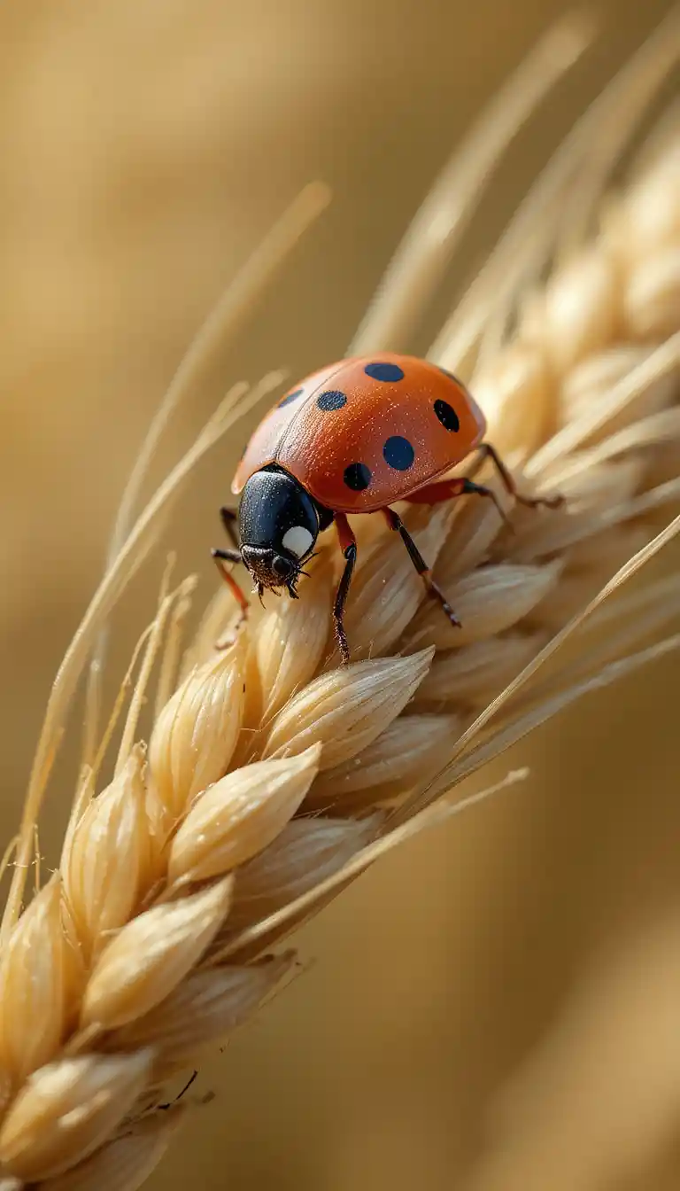 Coccinelle grimpant sur un épi de blé en macro gros plan
