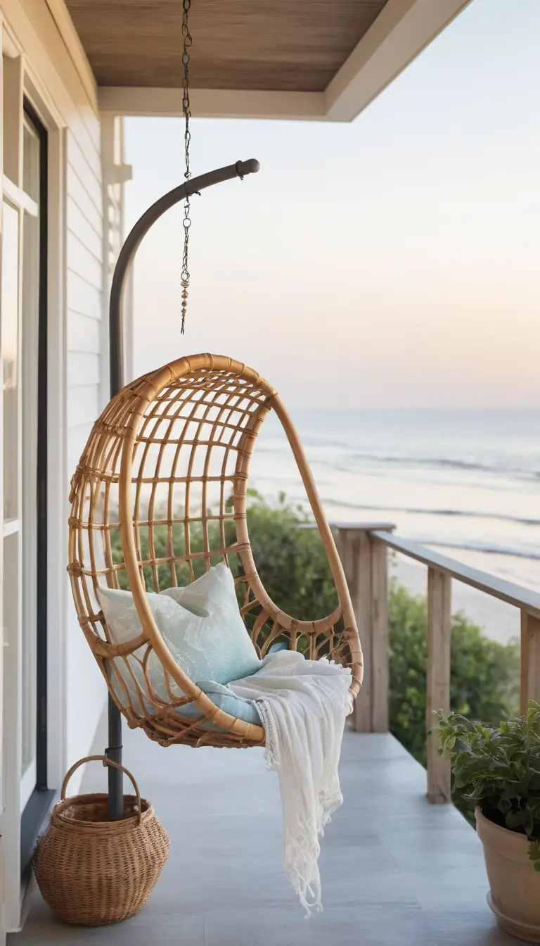 Sedia sospesa in rattan su tranquillo patio di casa al mare