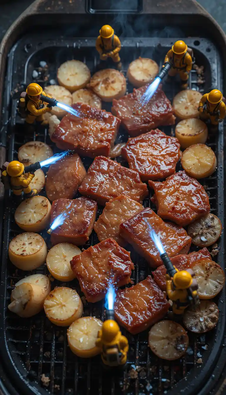 Miniature firefighters grilling pork belly on black grill