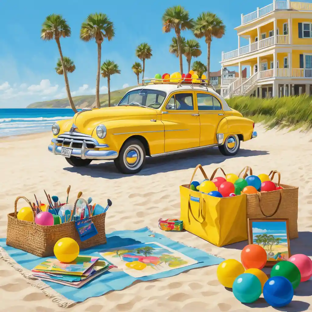 Vintage yellow car on a sunny spring break beach