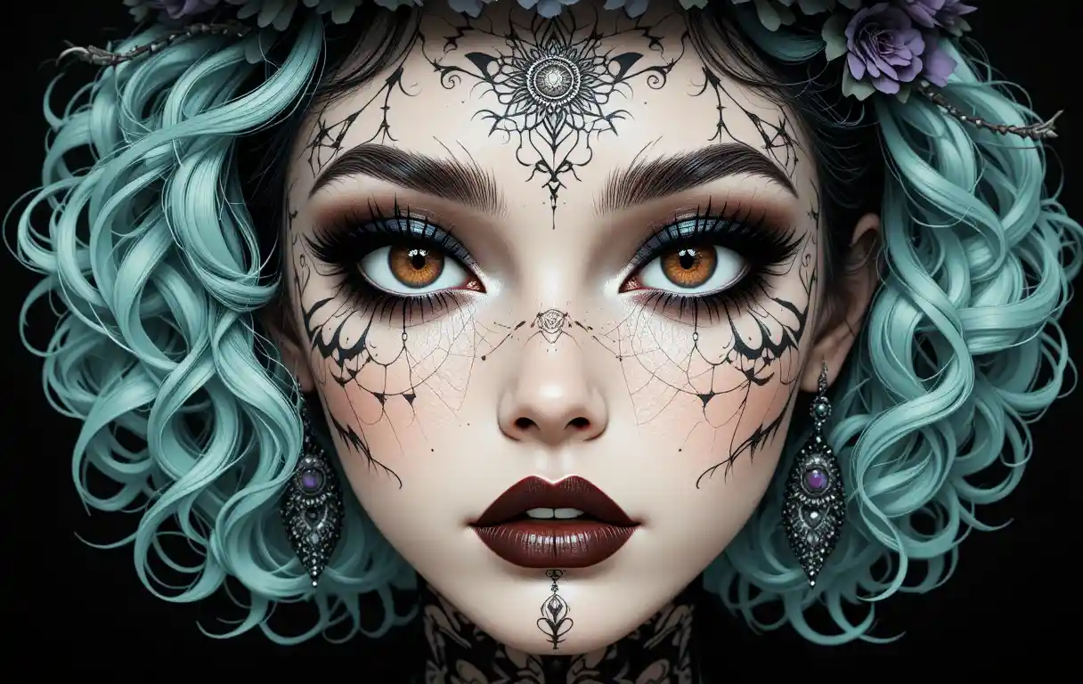 Anime woman with bold black and white makeup and hazel eyes