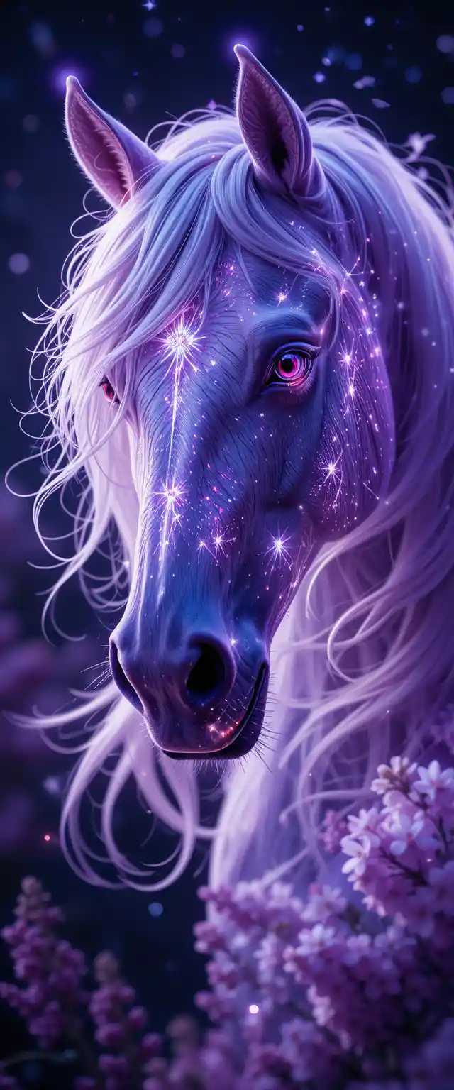 Celestial purple horse portrait with neon glowing flowers