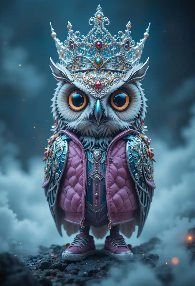 Whimsical fantasy owl with living silver royal crown