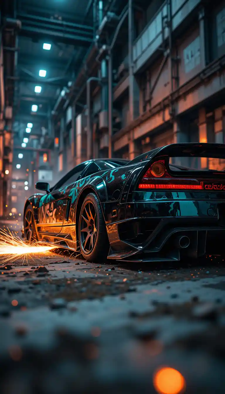 Low angle view of matte black sports car with sparks