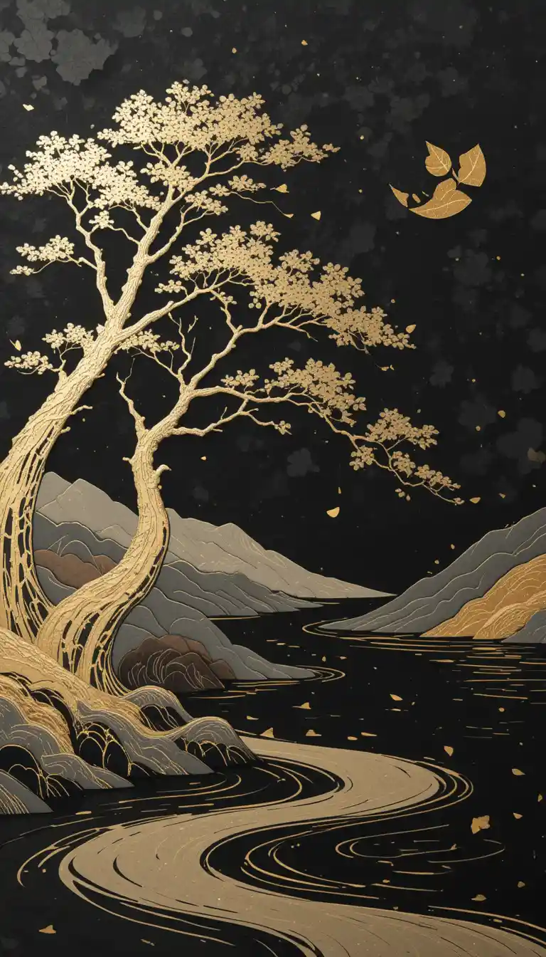 Golden Japanese tree and water on black abstract background