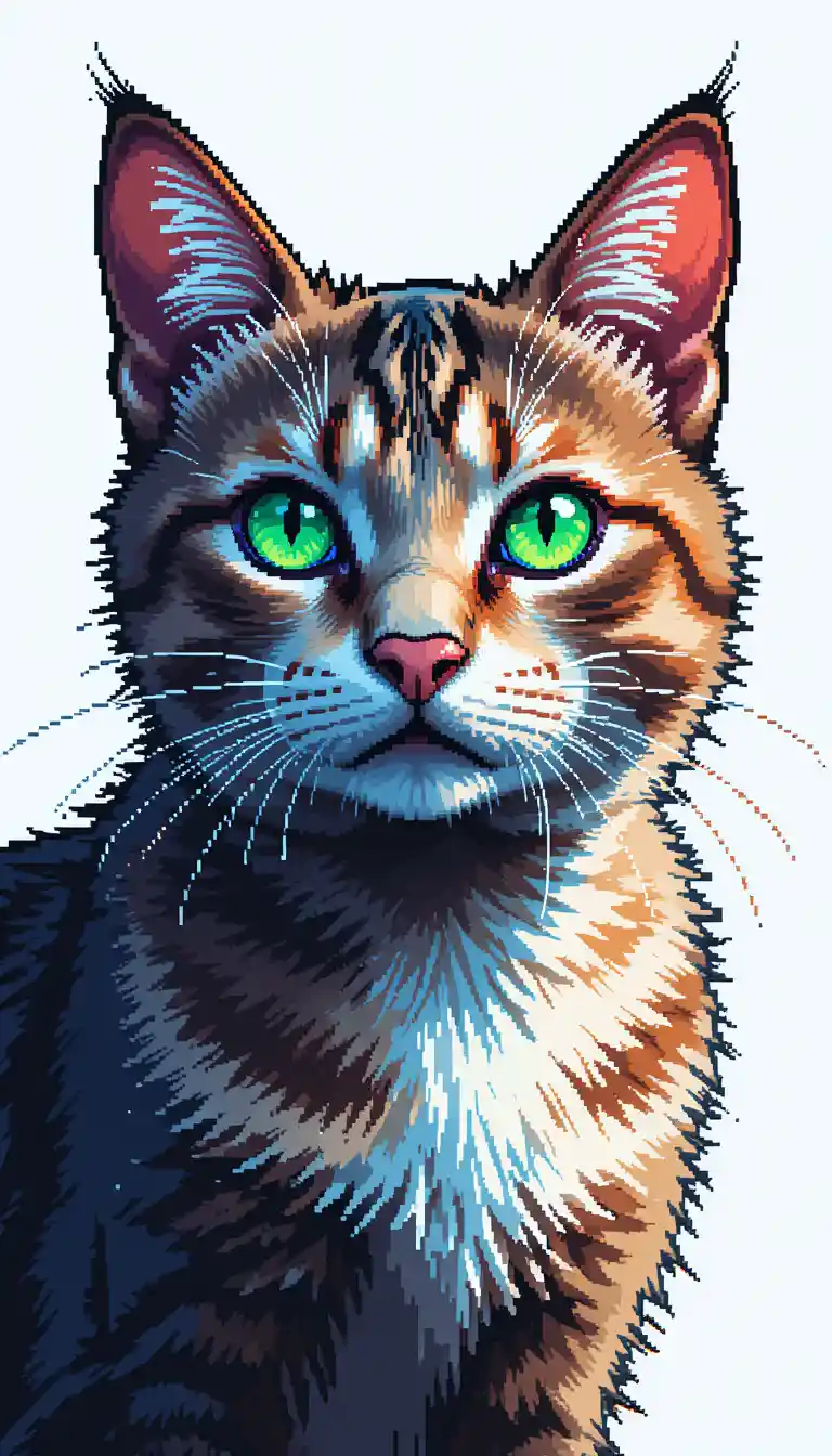 Gros plan en pixel art d’un chat aux yeux verts