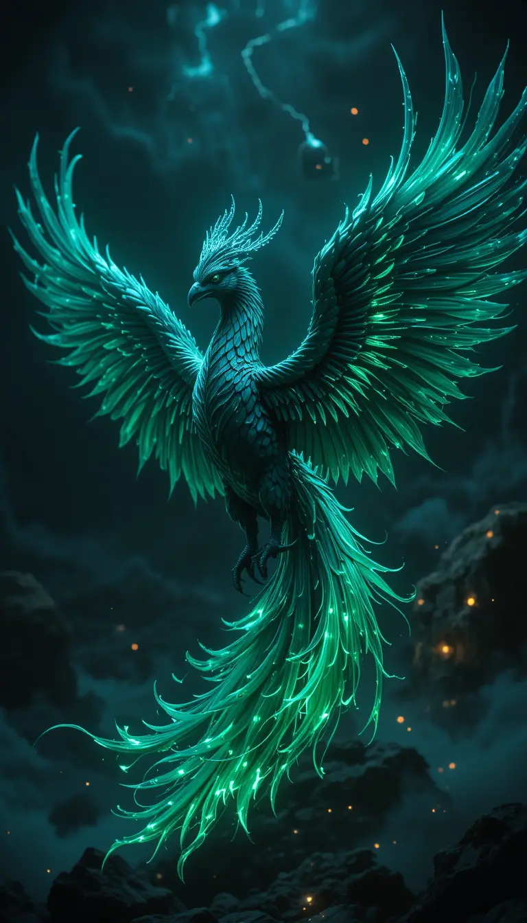 Majestic phoenix rising from neon blue magical flames