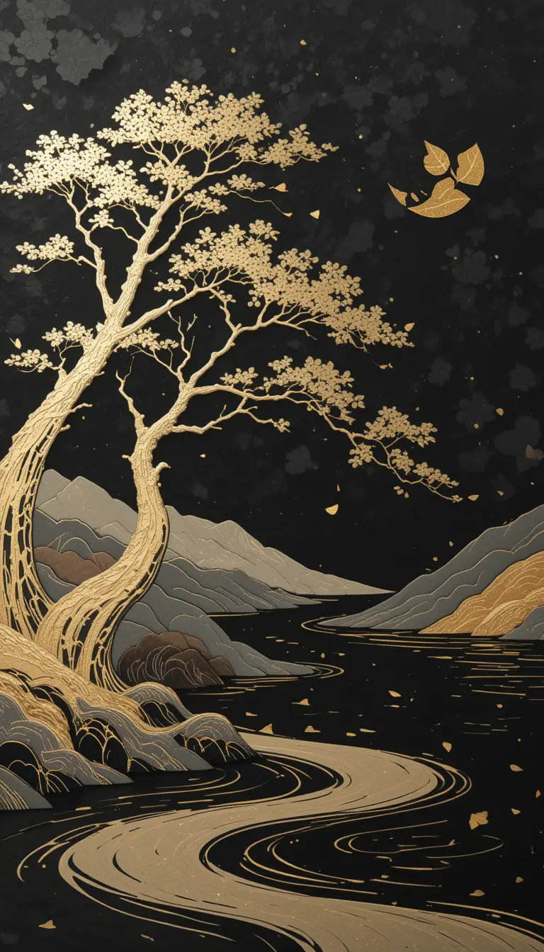 Golden Japanese tree and water on black abstract background
