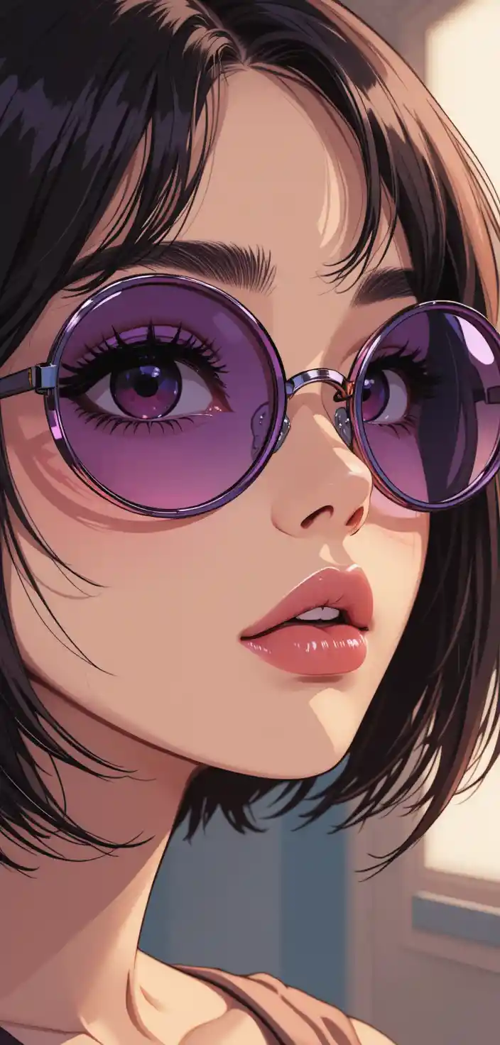Anime girl close up with purple sunglasses and soft gaze