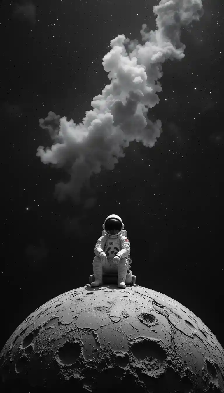 Lonely astronaut sitting on a small moon with flower