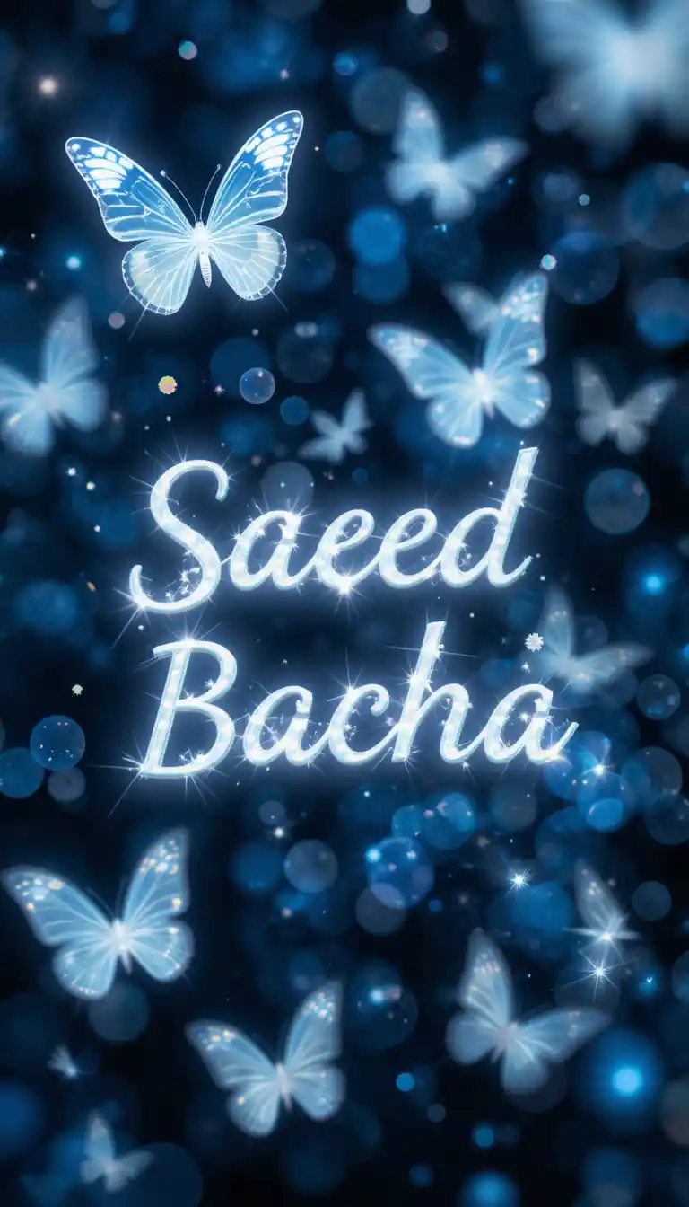 Glowing white butterflies with name text on blue background