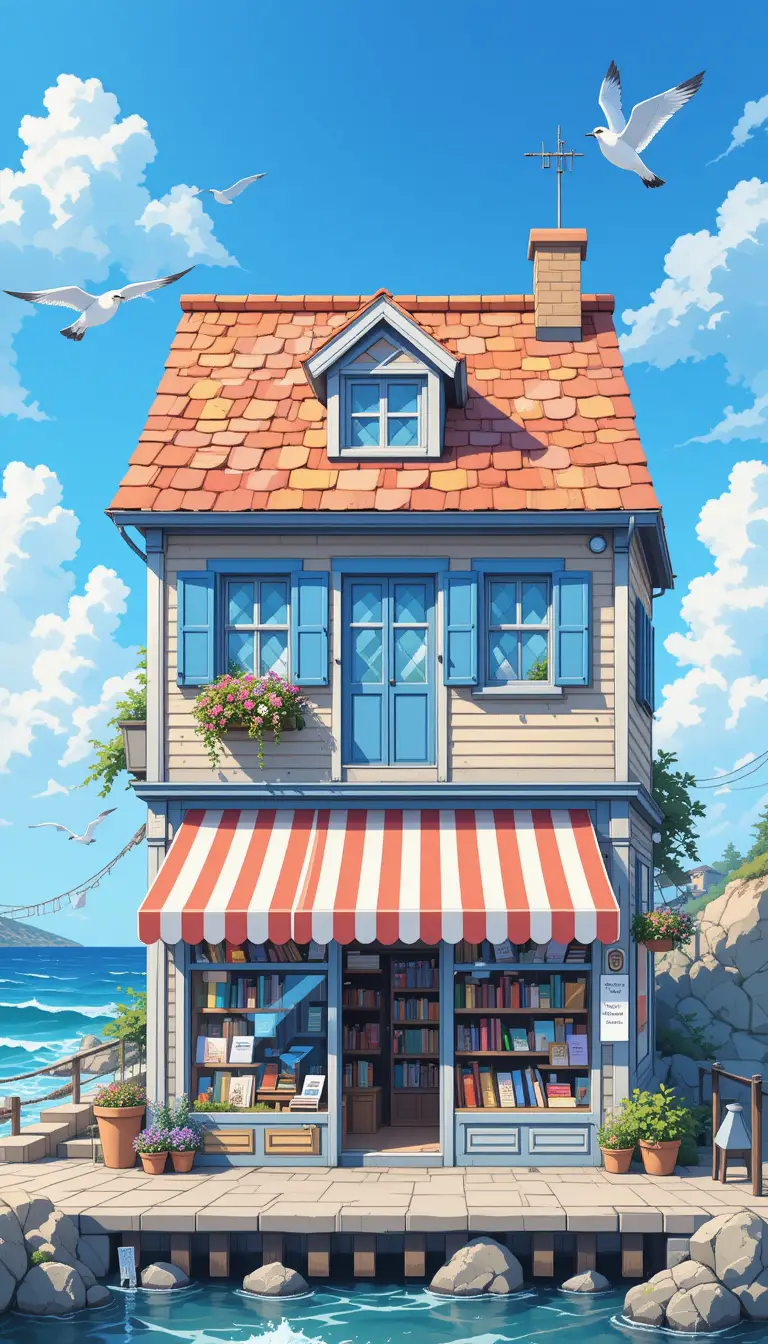Charming seaside bookstore with colorful rooftop and ocean view