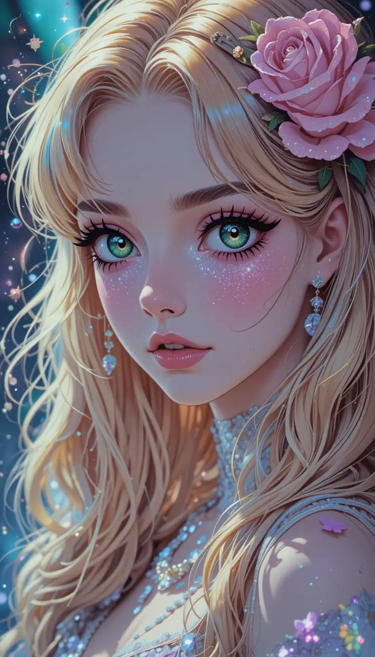 Dreamy blonde vampire girl with sparkling green eyes