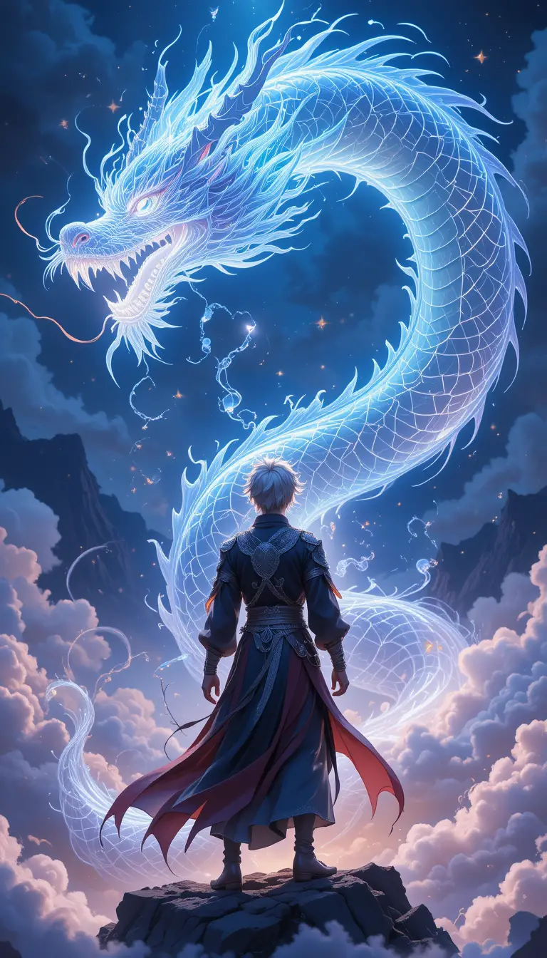 Anime warrior with dragon above glowing fantasy clouds