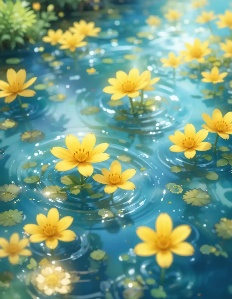 Cute yellow flowers floating gently on a clear river