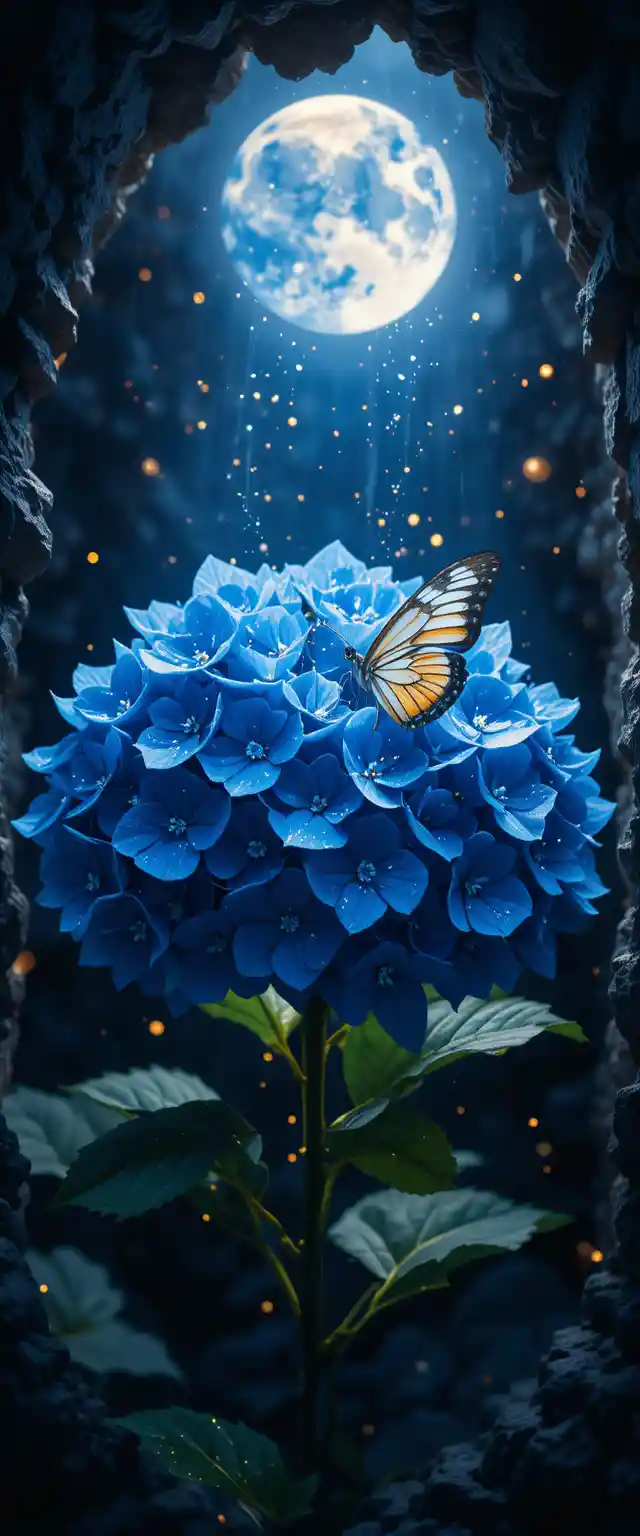 Blue hydrangea with butterfly under bright moonlight
