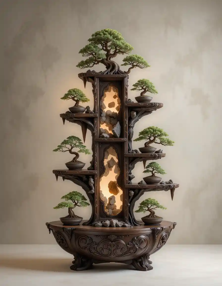 Étagère à bonsaïs en bois avec plusieurs arbres enlacant des rochers